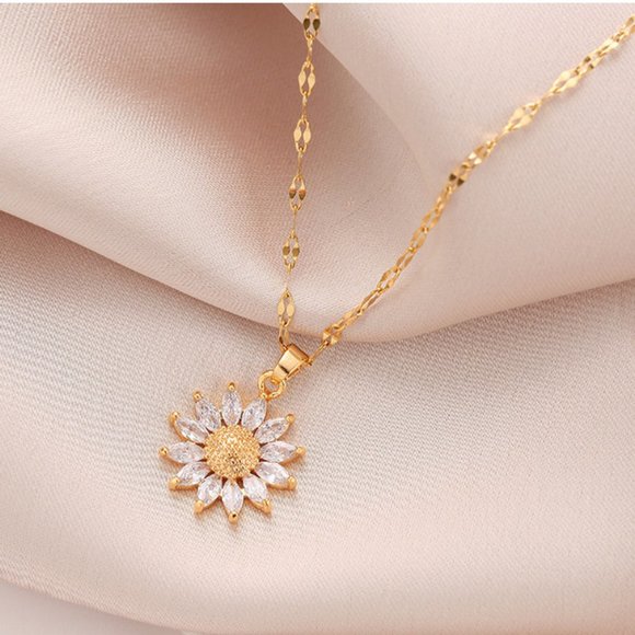 Sunflower Burst Cubic Zirconia Gold Toned Stainless Steel Necklace - Picture 2 of 5